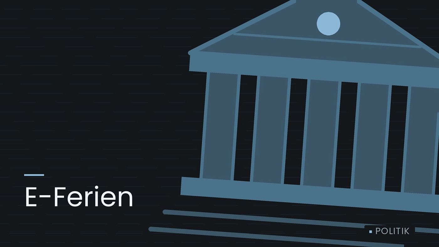 Symbolgrafik: ein stilisiertes Amtsgebäude mit Säulen, beschriftet mit „E-Ferien“.