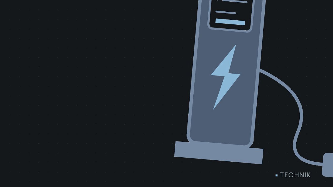 Symbolgrafik: eine gezeichnete Ladesäule mit Kabel und Stecker.