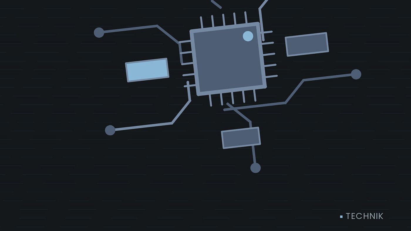 Symbolgrafik: gezeichnete Leiterbahnen mit einem Chip.