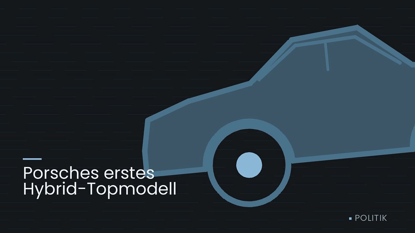 Symbolgrafik: die Umrisslinie eines Fahrzeugs von der Seite, beschriftet mit „Porsches erstes Hybrid-Topmodell“.
