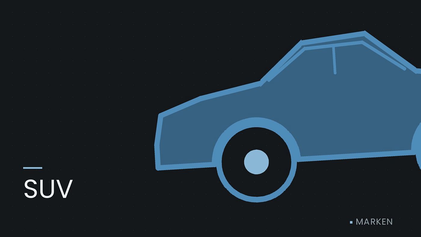 Symbolgrafik: die Umrisslinie eines Fahrzeugs von der Seite, beschriftet mit „SUV“.