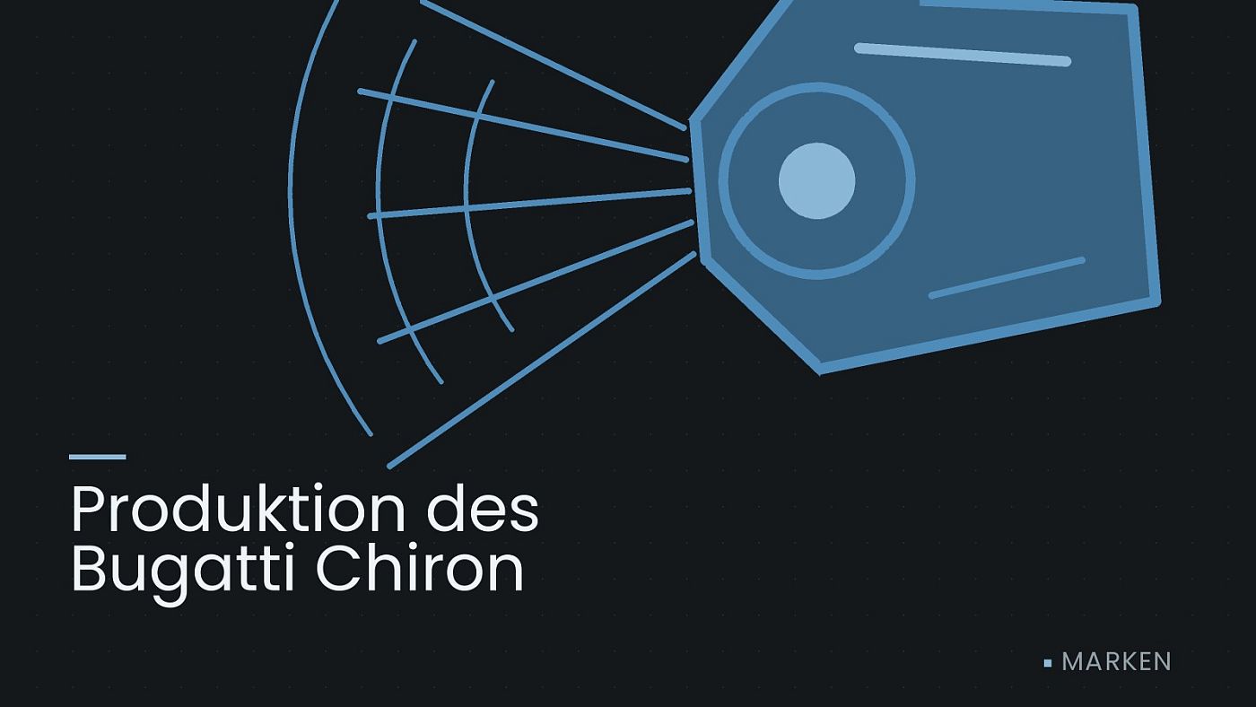 Symbolgrafik: ein gezeichneter Scheinwerfer mit Lichtkegel, beschriftet mit „Produktion des Bugatti Chiron“.
