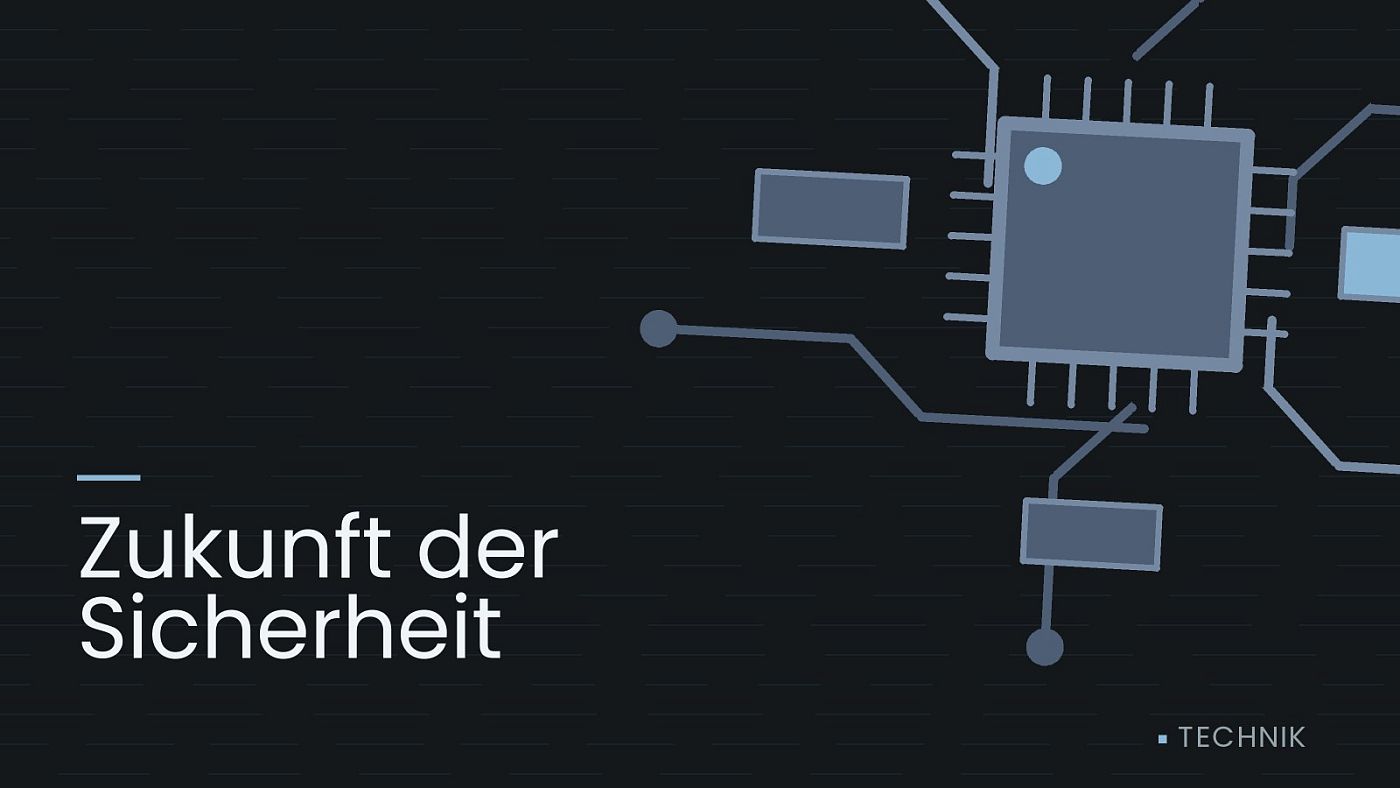 Symbolgrafik: gezeichnete Leiterbahnen mit einem Chip, beschriftet mit „Zukunft der Sicherheit“.