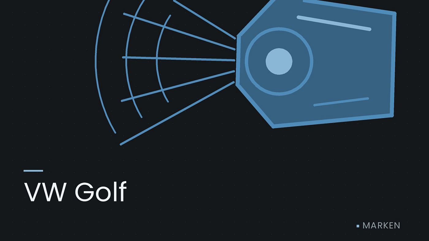 Symbolgrafik: ein gezeichneter Scheinwerfer mit Lichtkegel, beschriftet mit „VW Golf“.