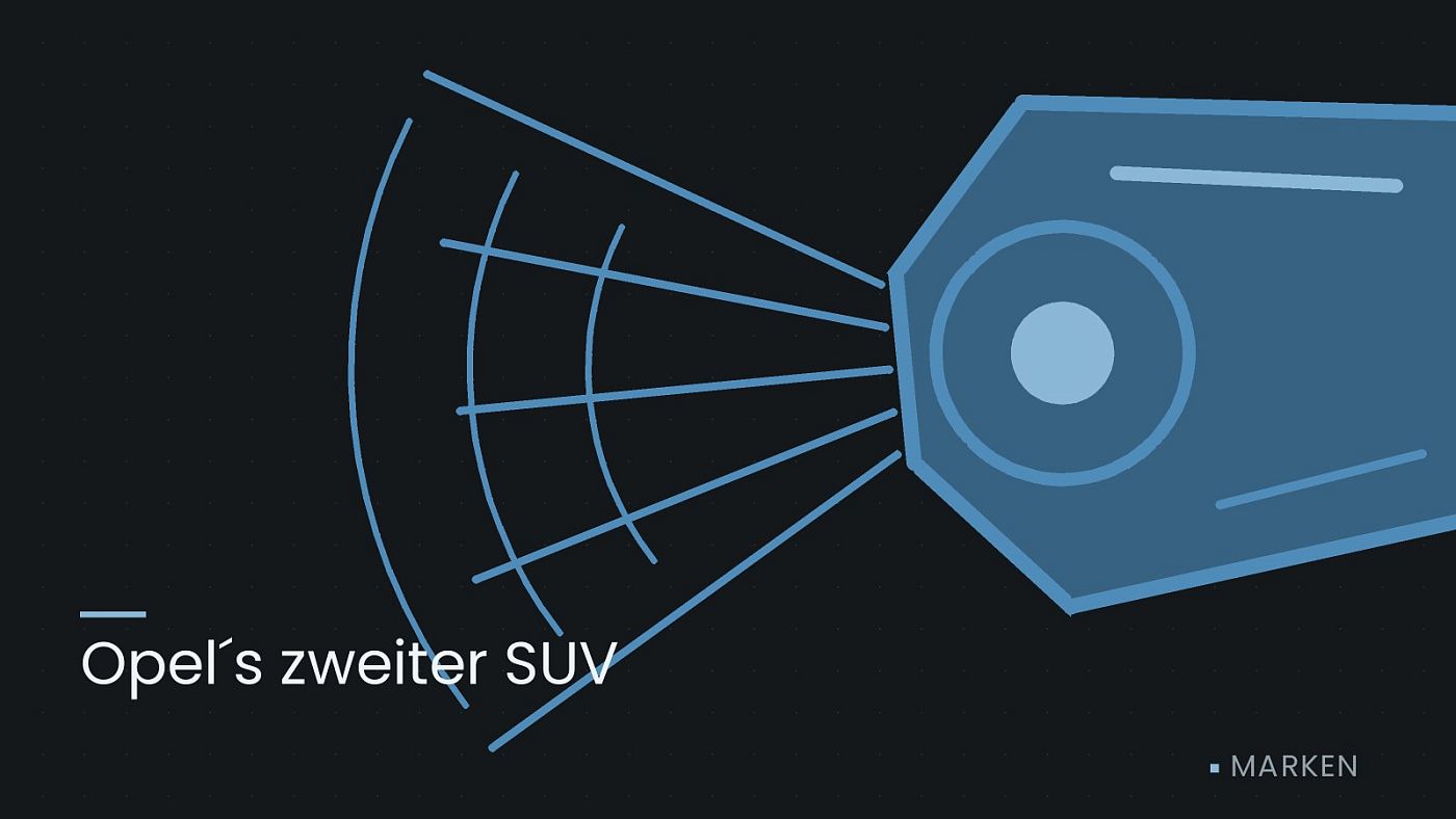 Symbolgrafik: ein gezeichneter Scheinwerfer mit Lichtkegel, beschriftet mit „Opel´s zweiter SUV“.