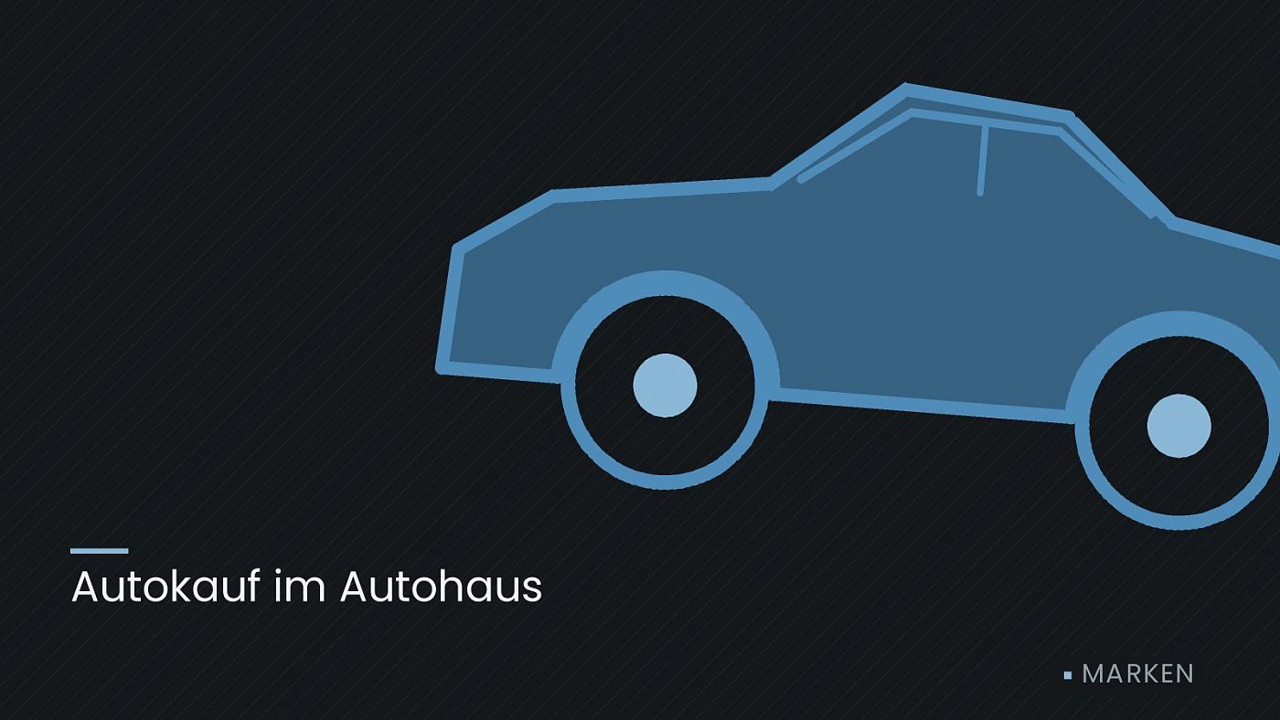 Symbolgrafik: die Umrisslinie eines Fahrzeugs von der Seite, beschriftet mit „Autokauf im Autohaus“.