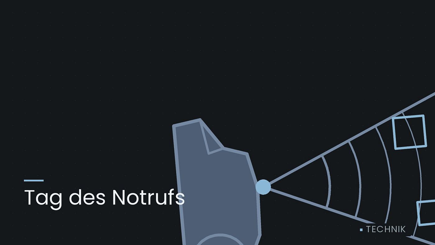 Symbolgrafik: ein gezeichneter Sensorkegel vor einer Fahrzeugfront, beschriftet mit „Tag des Notrufs“.