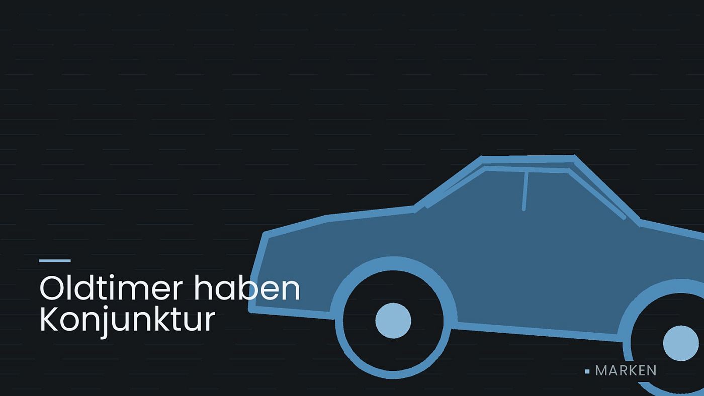 Symbolgrafik: die Umrisslinie eines Fahrzeugs von der Seite, beschriftet mit „Oldtimer haben Konjunktur“.