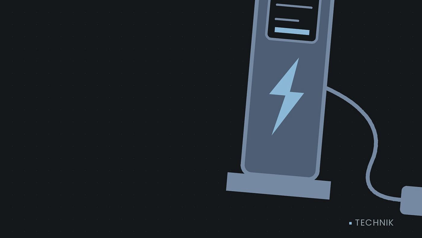 Symbolgrafik: eine gezeichnete Ladesäule mit Kabel und Stecker.