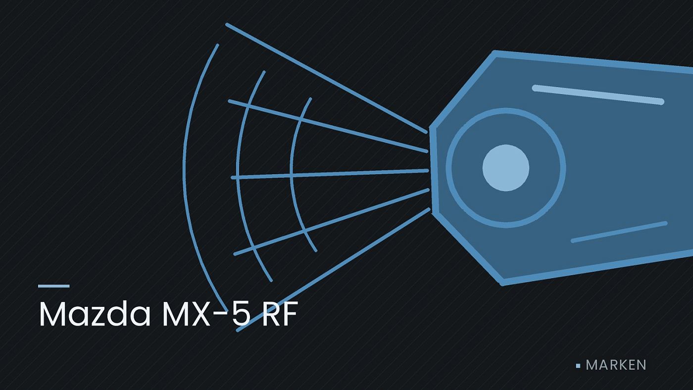 Symbolgrafik: ein gezeichneter Scheinwerfer mit Lichtkegel, beschriftet mit „Mazda MX-5 RF“.