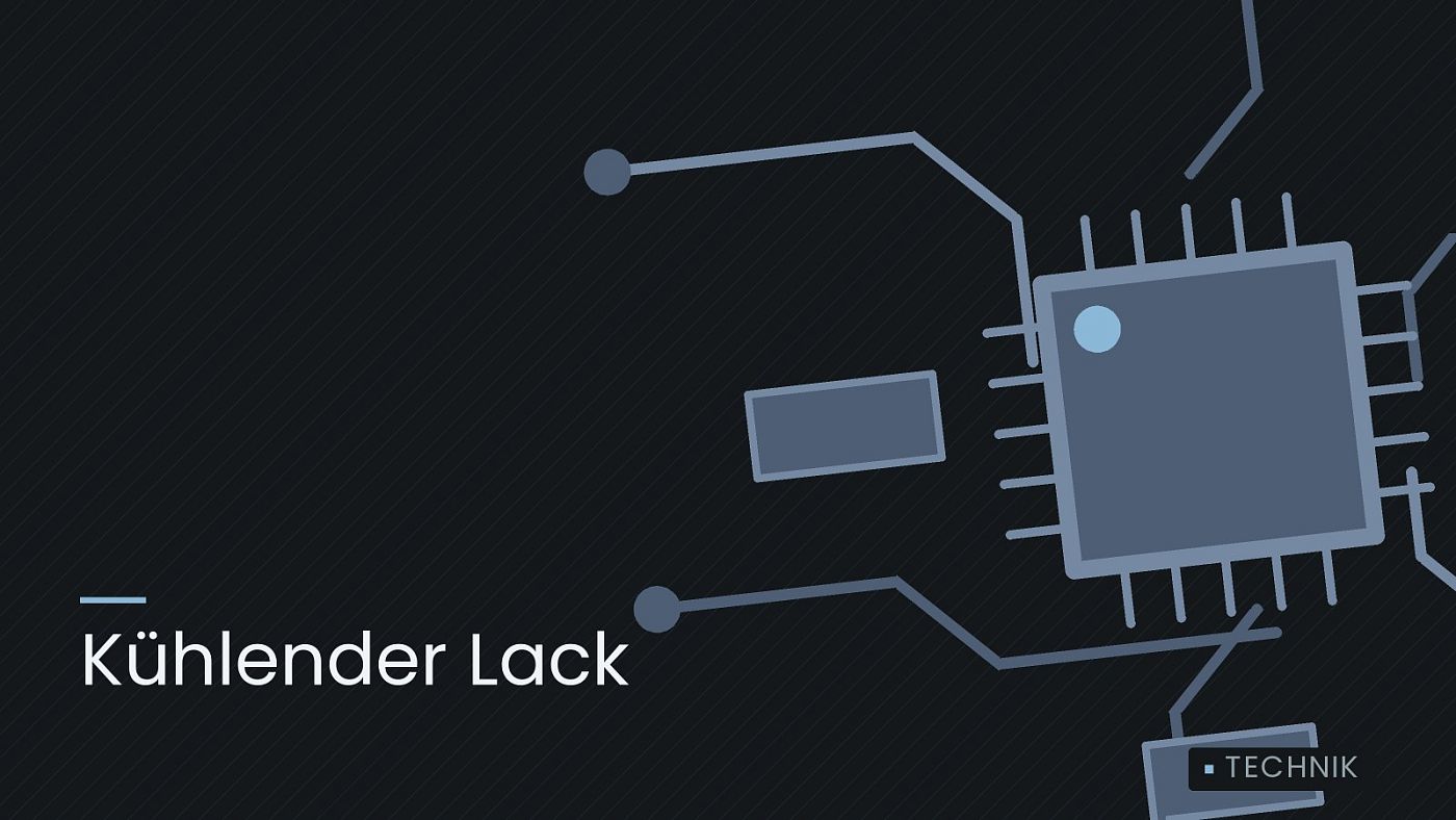 Symbolgrafik: gezeichnete Leiterbahnen mit einem Chip, beschriftet mit „Kühlender Lack“.