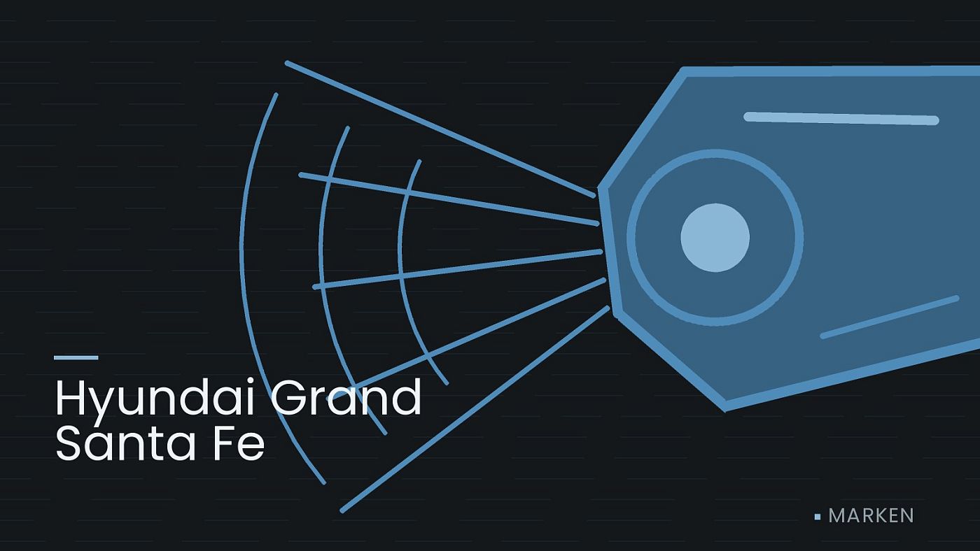 Symbolgrafik: ein gezeichneter Scheinwerfer mit Lichtkegel, beschriftet mit „Hyundai Grand Santa Fe“.