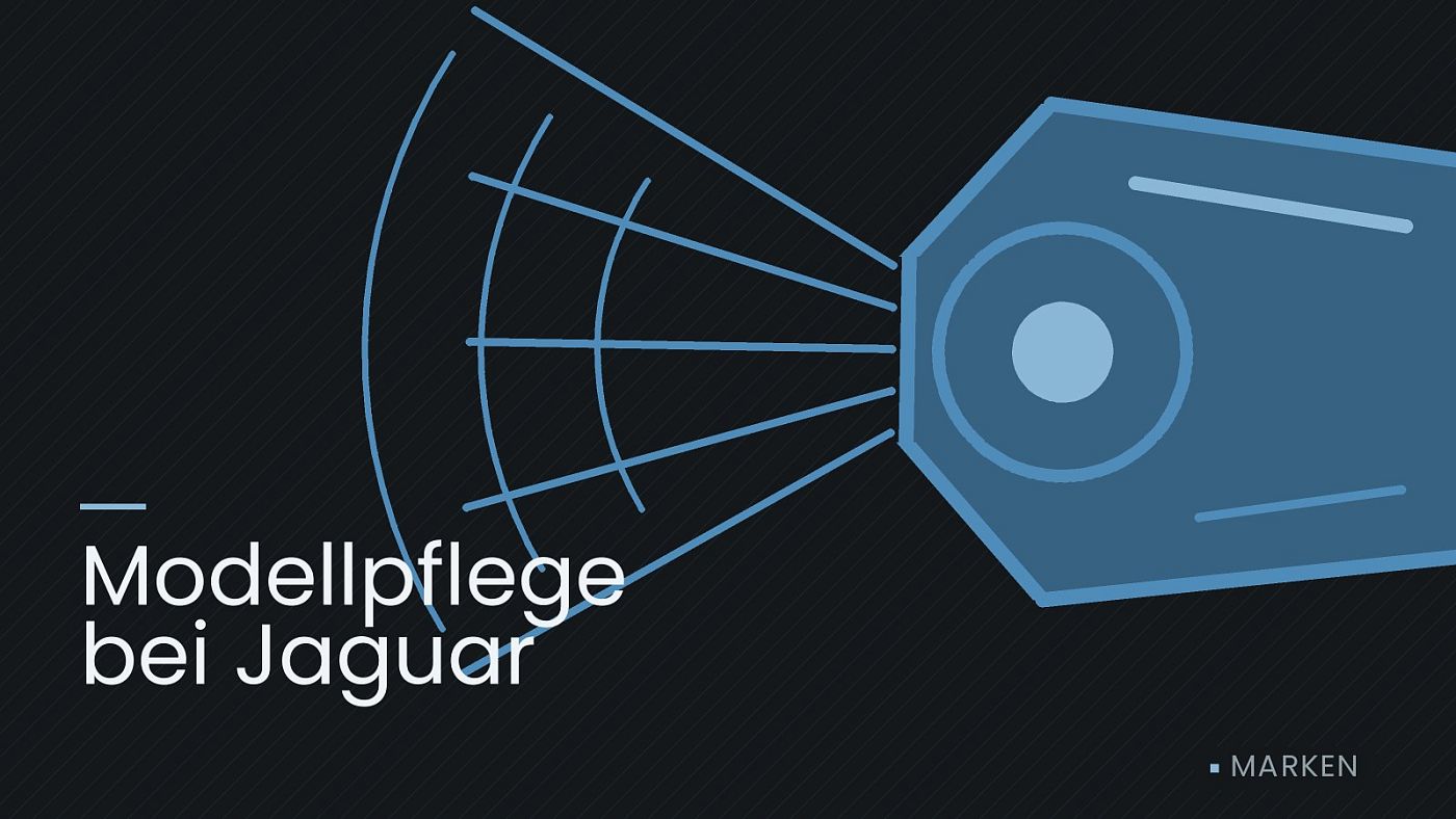 Symbolgrafik: ein gezeichneter Scheinwerfer mit Lichtkegel, beschriftet mit „Modellpflege bei Jaguar“.