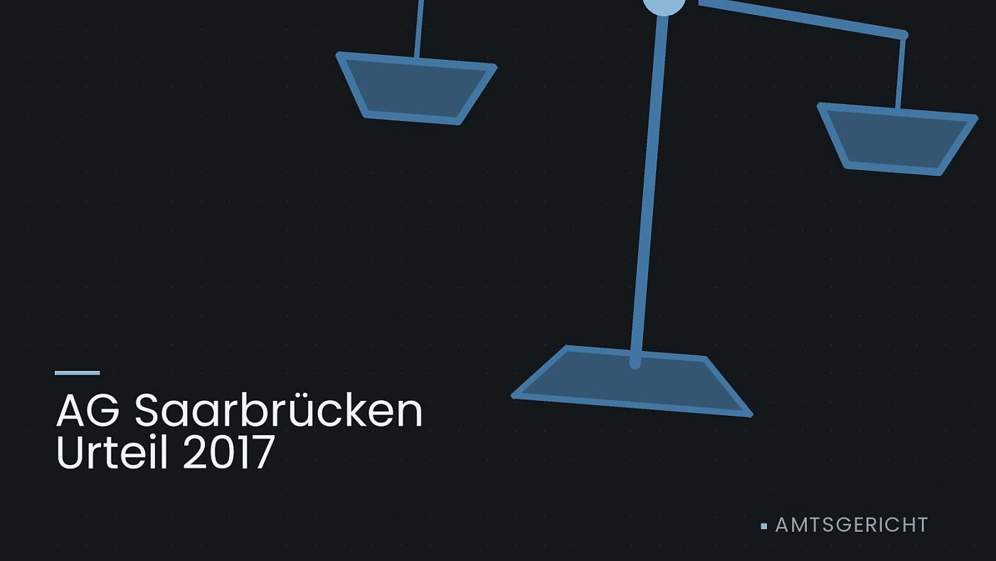 Symbolgrafik: eine stilisierte Waage als Zeichen für eine Gerichtsentscheidung, beschriftet mit „AG Saarbrücken Urteil 2017“.