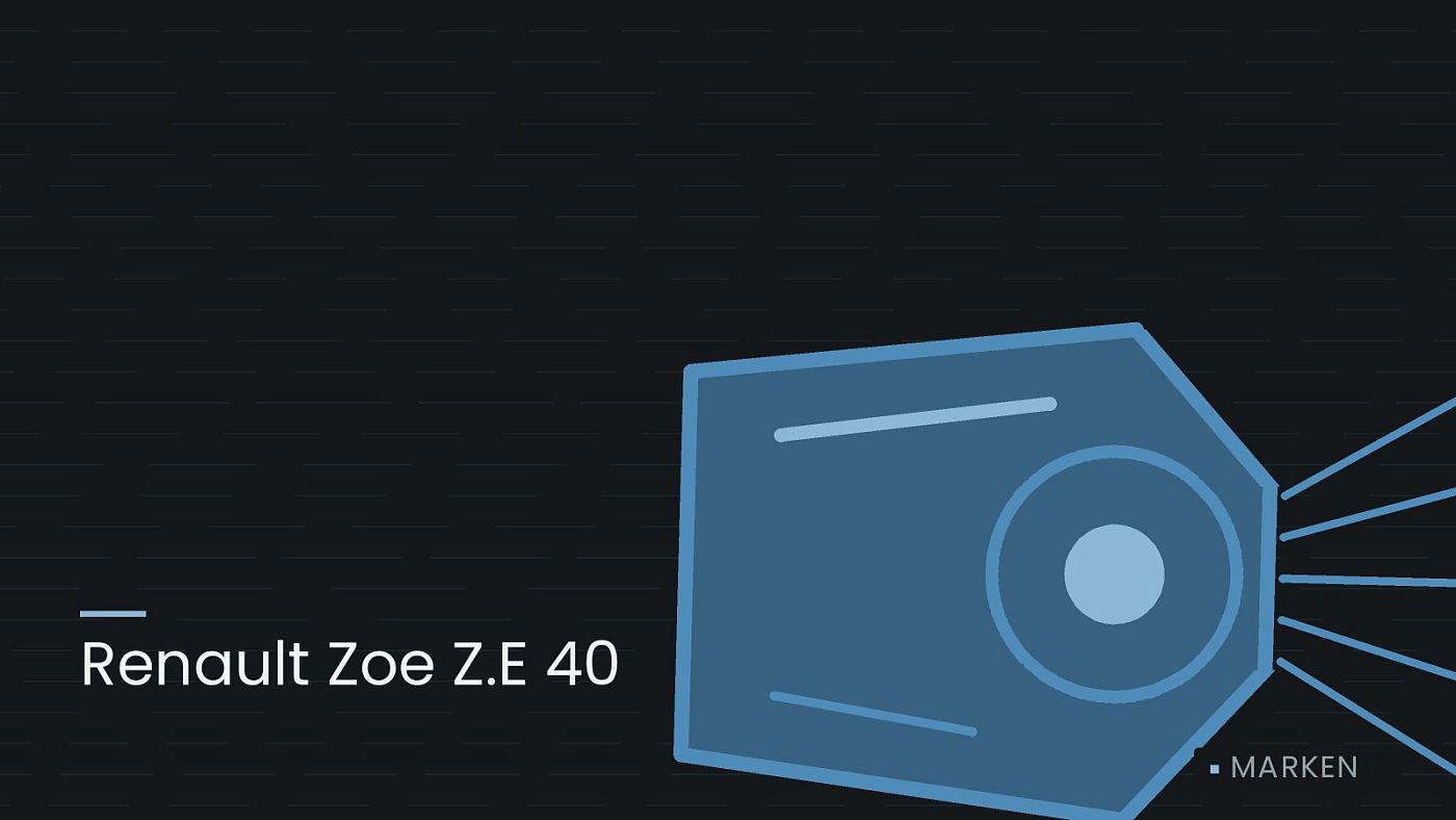 Symbolgrafik: ein gezeichneter Scheinwerfer mit Lichtkegel, beschriftet mit „Renault Zoe Z.E 40“.