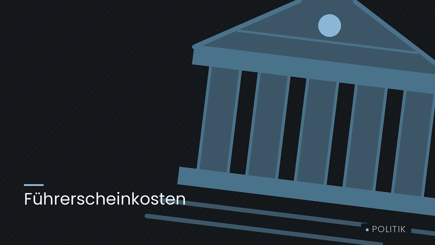 Symbolgrafik: ein stilisiertes Amtsgebäude mit Säulen, beschriftet mit „Führerscheinkosten“.