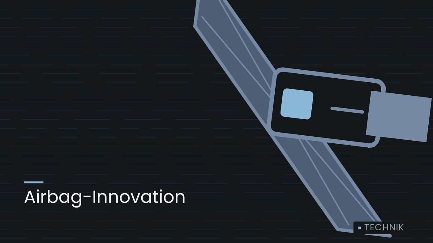 Symbolgrafik: ein gezeichneter Sicherheitsgurt mit Schloss, beschriftet mit „Airbag-Innovation“.