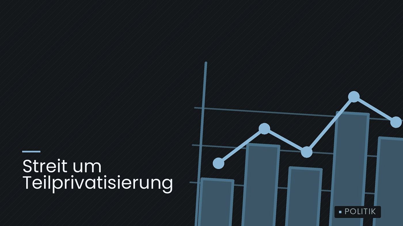 Symbolgrafik: ein gezeichnetes Balkendiagramm mit Verlaufslinie, beschriftet mit „Streit um Teilprivatisierung“.