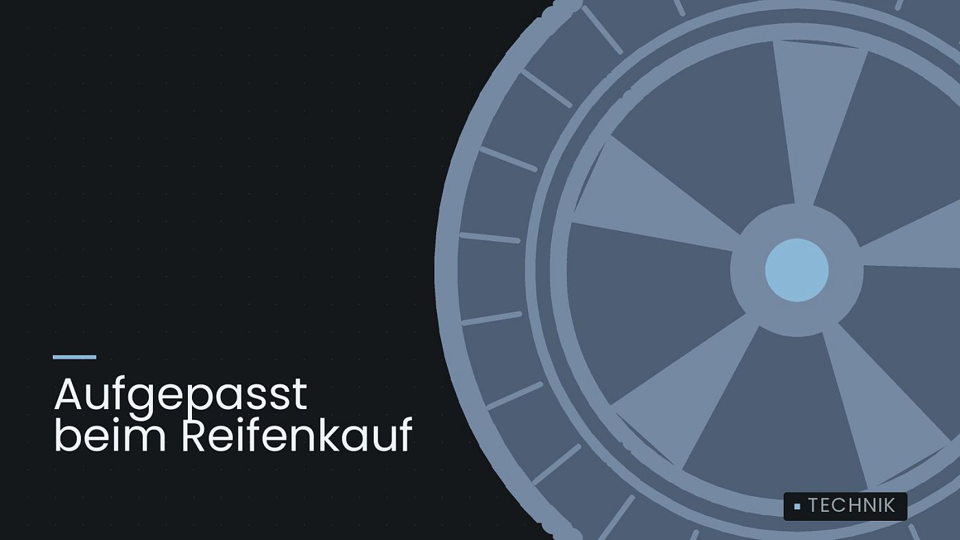 Symbolgrafik: ein gezeichnetes Rad mit Speichen, beschriftet mit „Aufgepasst beim Reifenkauf“.