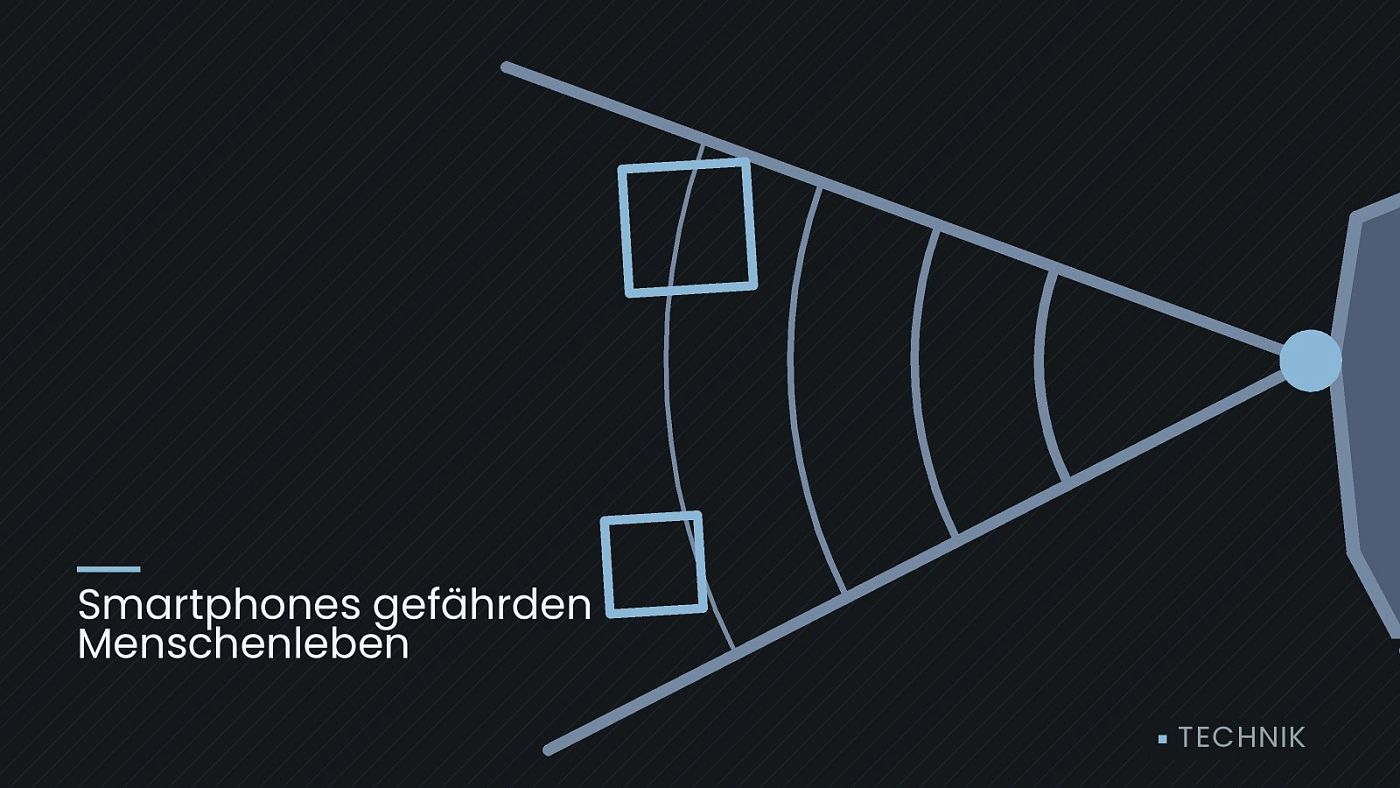 Symbolgrafik: ein gezeichneter Sensorkegel vor einer Fahrzeugfront, beschriftet mit „Smartphones gefährden Menschenleben“.