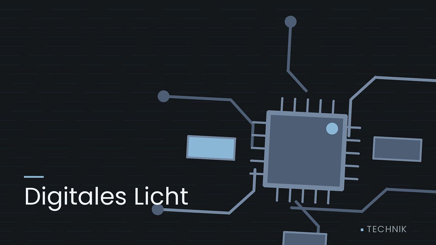 Symbolgrafik: gezeichnete Leiterbahnen mit einem Chip, beschriftet mit „Digitales Licht“.