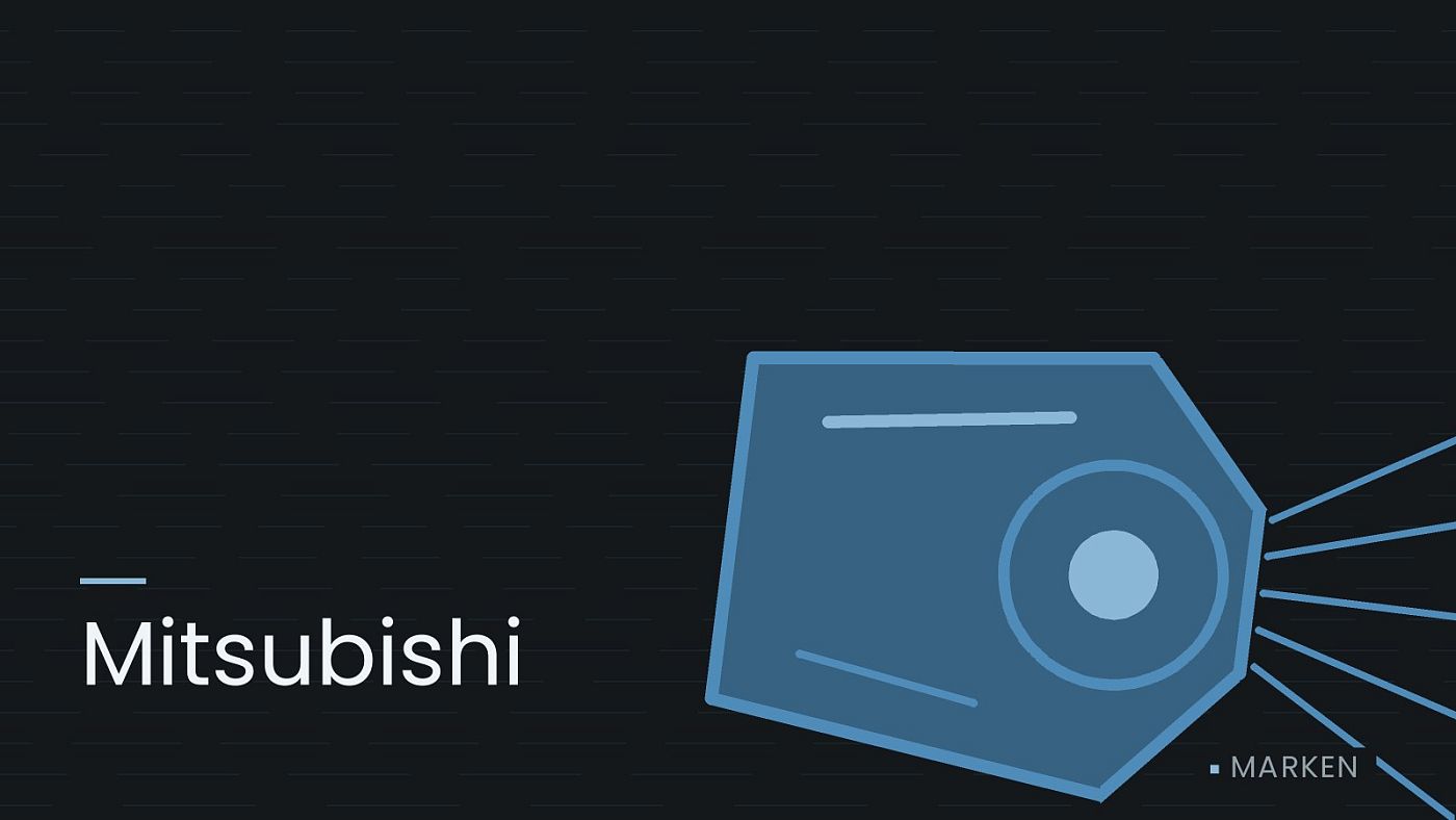 Symbolgrafik: ein gezeichneter Scheinwerfer mit Lichtkegel, beschriftet mit „Mitsubishi“.