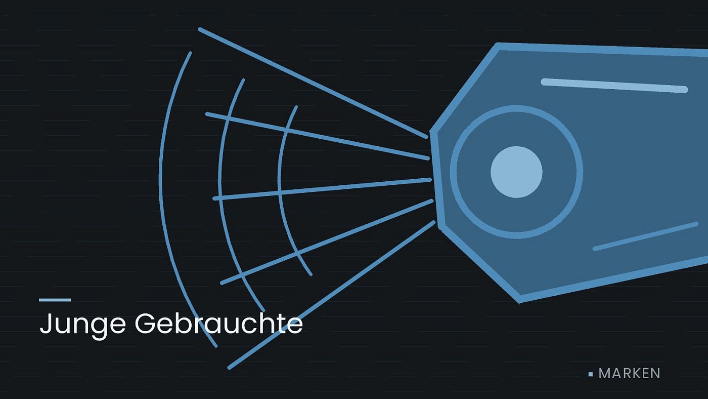 Symbolgrafik: ein gezeichneter Scheinwerfer mit Lichtkegel, beschriftet mit „Junge Gebrauchte“.