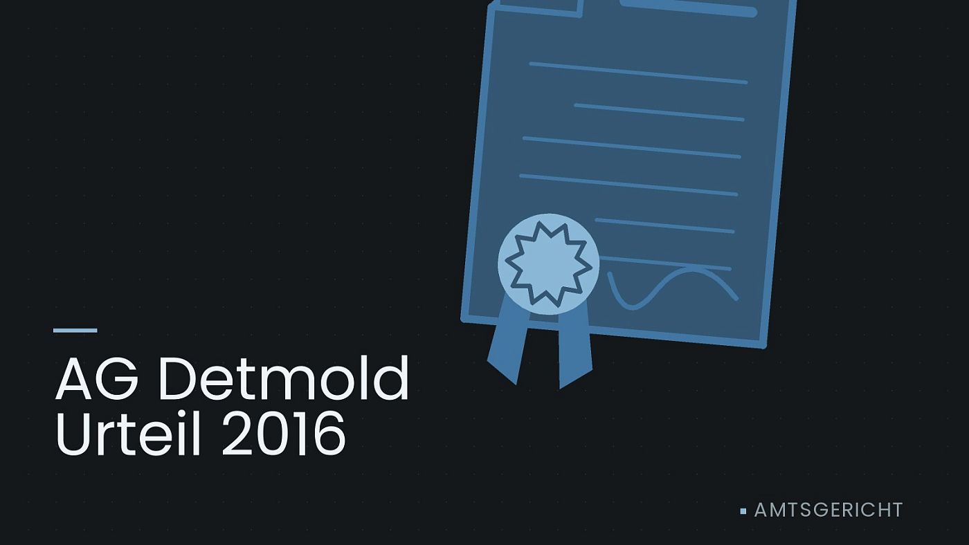 Symbolgrafik: eine gezeichnete Urkunde mit Siegel als Zeichen für eine Entscheidung, beschriftet mit „AG Detmold Urteil 2016“.