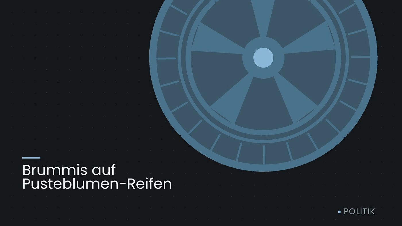 Symbolgrafik: ein gezeichnetes Rad mit Speichen, beschriftet mit „Brummis auf Pusteblumen-Reifen“.