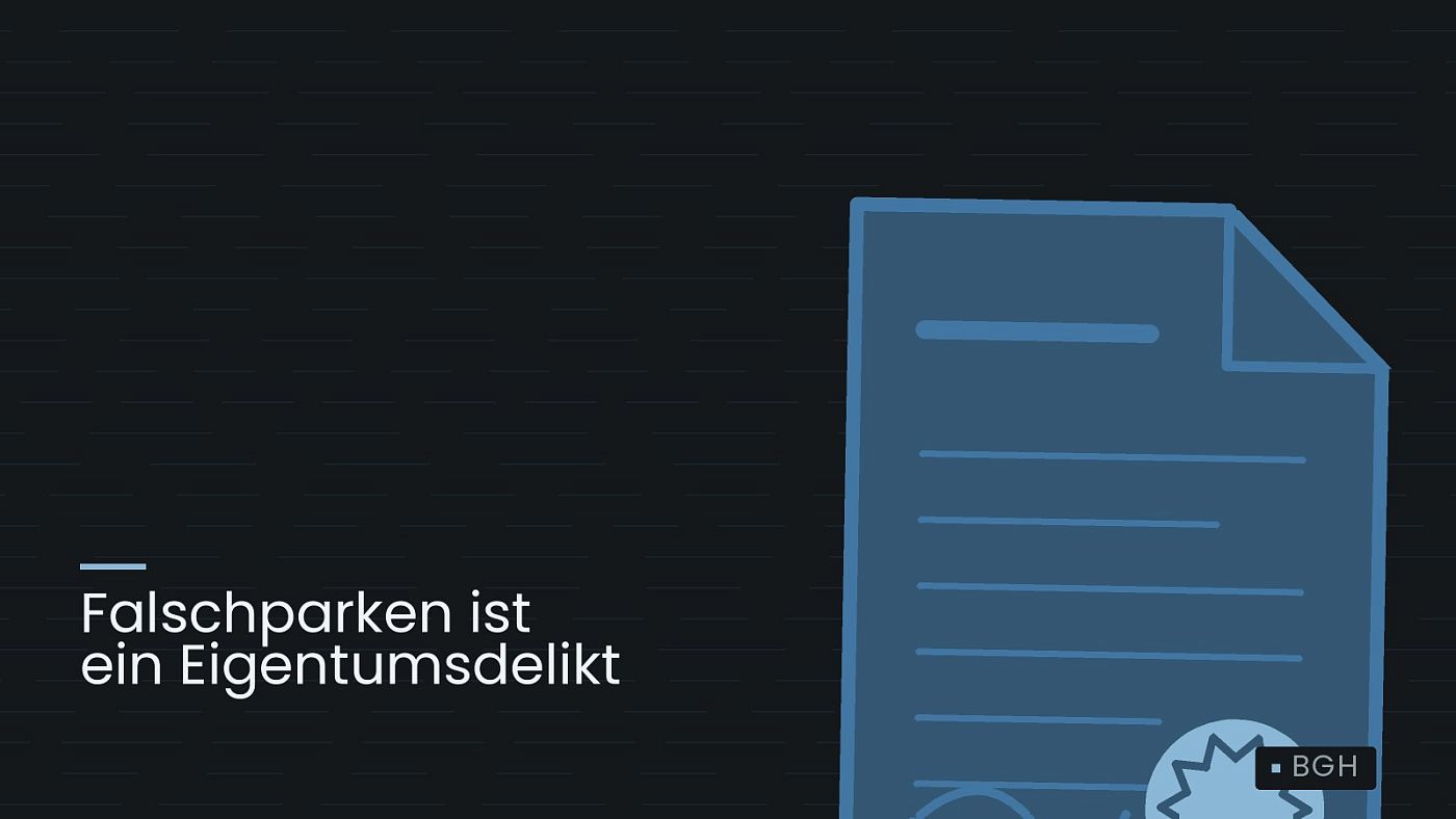 Symbolgrafik: eine gezeichnete Urkunde mit Siegel als Zeichen für eine Entscheidung, beschriftet mit „Falschparken ist ein Eigentumsdelikt“.