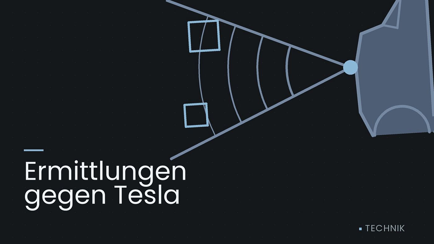 Symbolgrafik: ein gezeichneter Sensorkegel vor einer Fahrzeugfront, beschriftet mit „Ermittlungen gegen Tesla“.