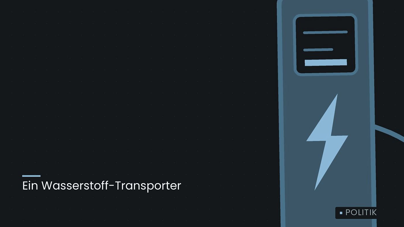 Symbolgrafik: eine gezeichnete Ladesäule mit Kabel und Stecker, beschriftet mit „Ein Wasserstoff-Transporter“.