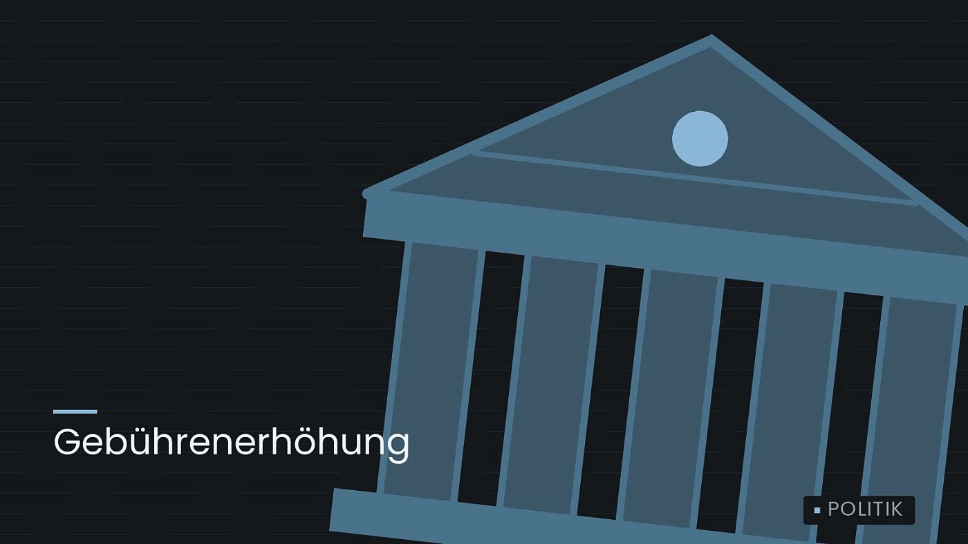 Symbolgrafik: ein stilisiertes Amtsgebäude mit Säulen, beschriftet mit „Gebührenerhöhung“.