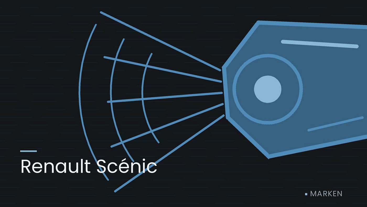 Symbolgrafik: ein gezeichneter Scheinwerfer mit Lichtkegel, beschriftet mit „Renault Scénic“.