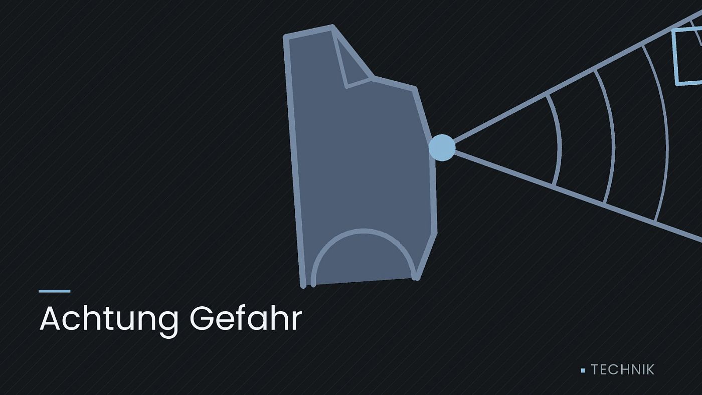 Symbolgrafik: ein gezeichneter Sensorkegel vor einer Fahrzeugfront, beschriftet mit „Achtung Gefahr“.