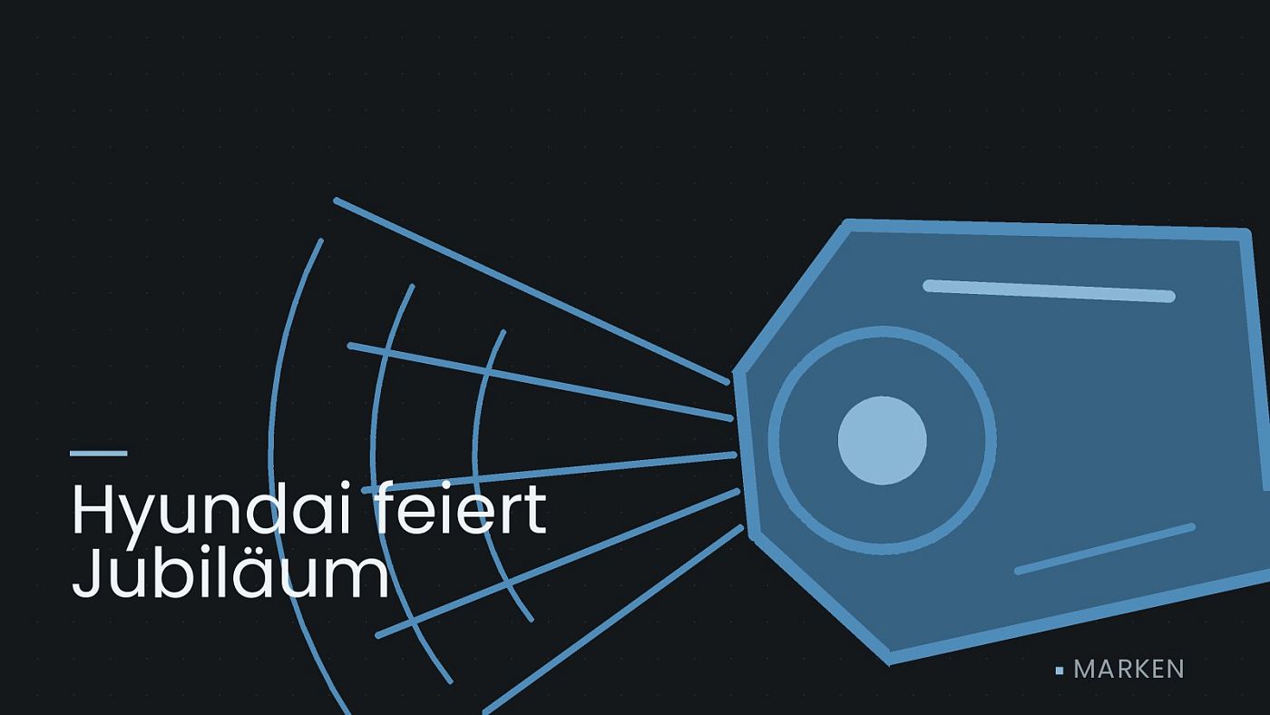 Symbolgrafik: ein gezeichneter Scheinwerfer mit Lichtkegel, beschriftet mit „Hyundai feiert Jubiläum“.