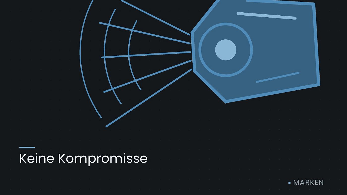 Symbolgrafik: ein gezeichneter Scheinwerfer mit Lichtkegel, beschriftet mit „Keine Kompromisse“.