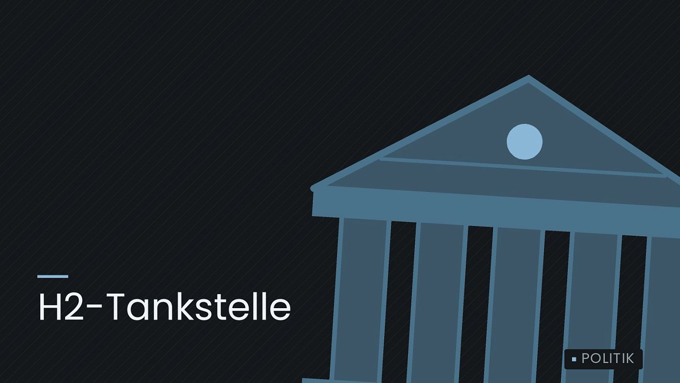 Symbolgrafik: ein stilisiertes Amtsgebäude mit Säulen, beschriftet mit „H2-Tankstelle“.
