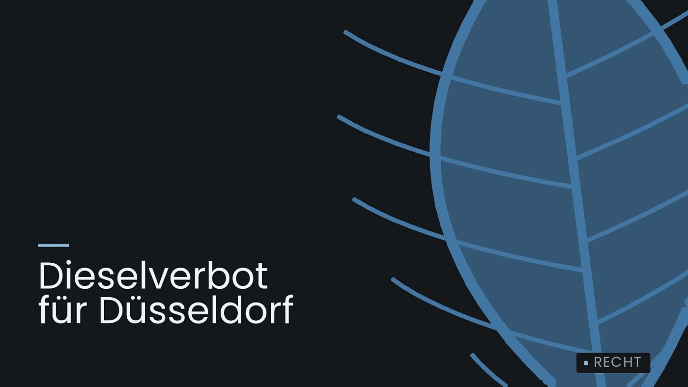 Symbolgrafik: ein gezeichnetes Blatt als Zeichen für Umwelt und Klima, beschriftet mit „Dieselverbot für Düsseldorf“.