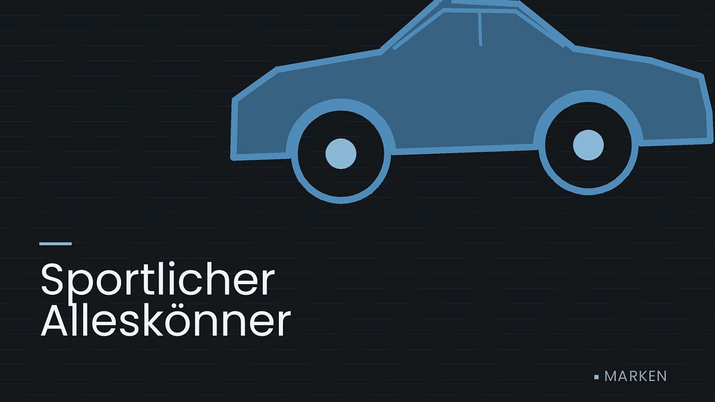 Symbolgrafik: die Umrisslinie eines Fahrzeugs von der Seite, beschriftet mit „Sportlicher Alleskönner“.