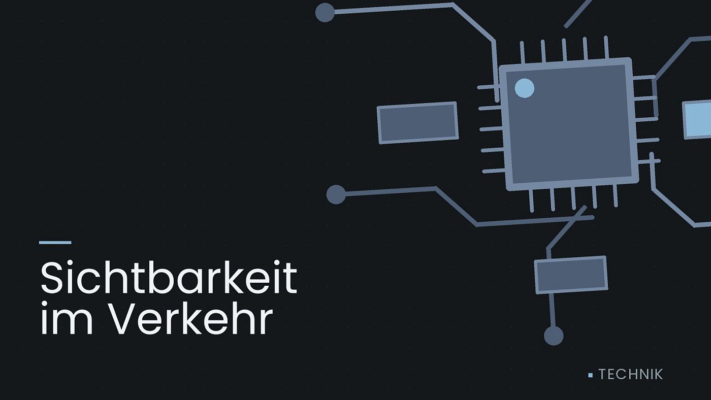 Symbolgrafik: gezeichnete Leiterbahnen mit einem Chip, beschriftet mit „Sichtbarkeit im Verkehr“.