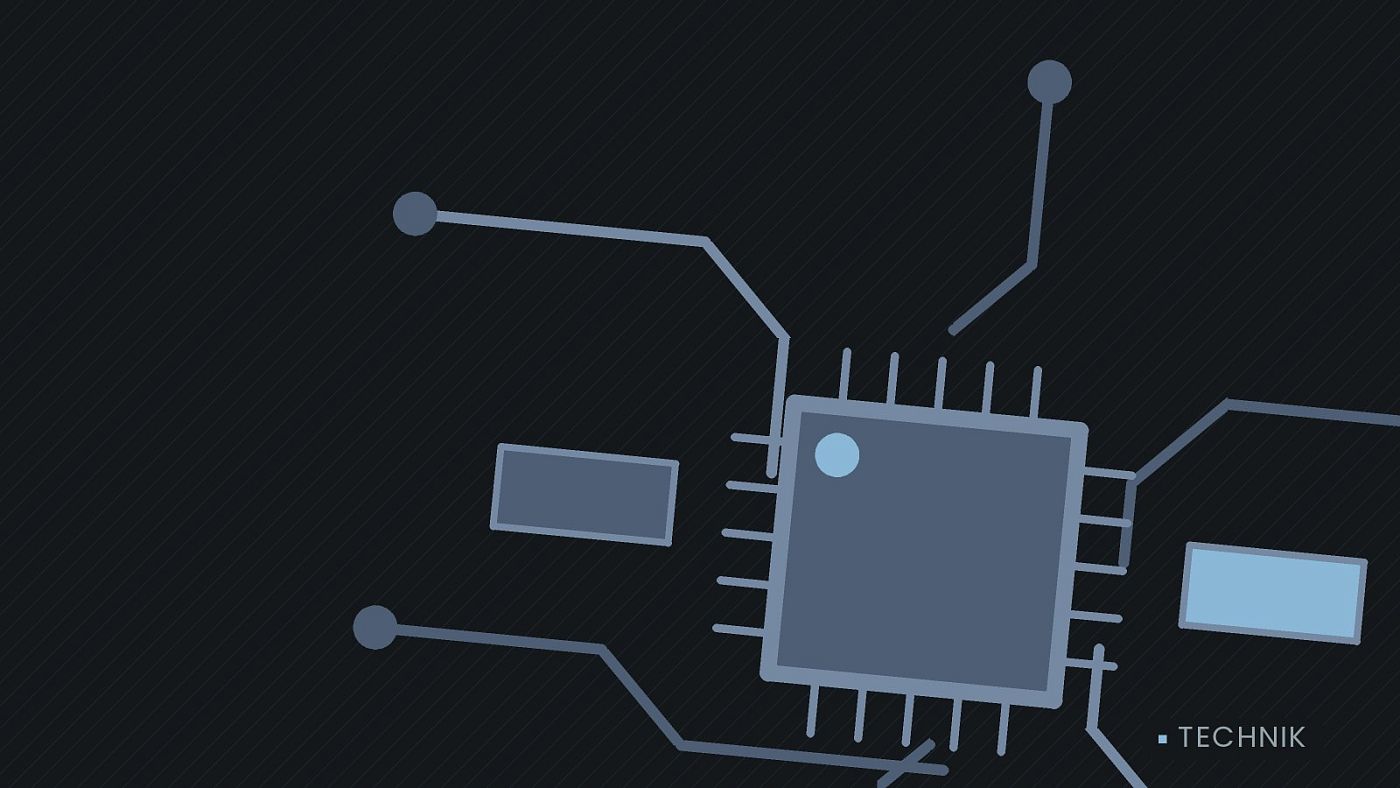 Symbolgrafik: gezeichnete Leiterbahnen mit einem Chip.