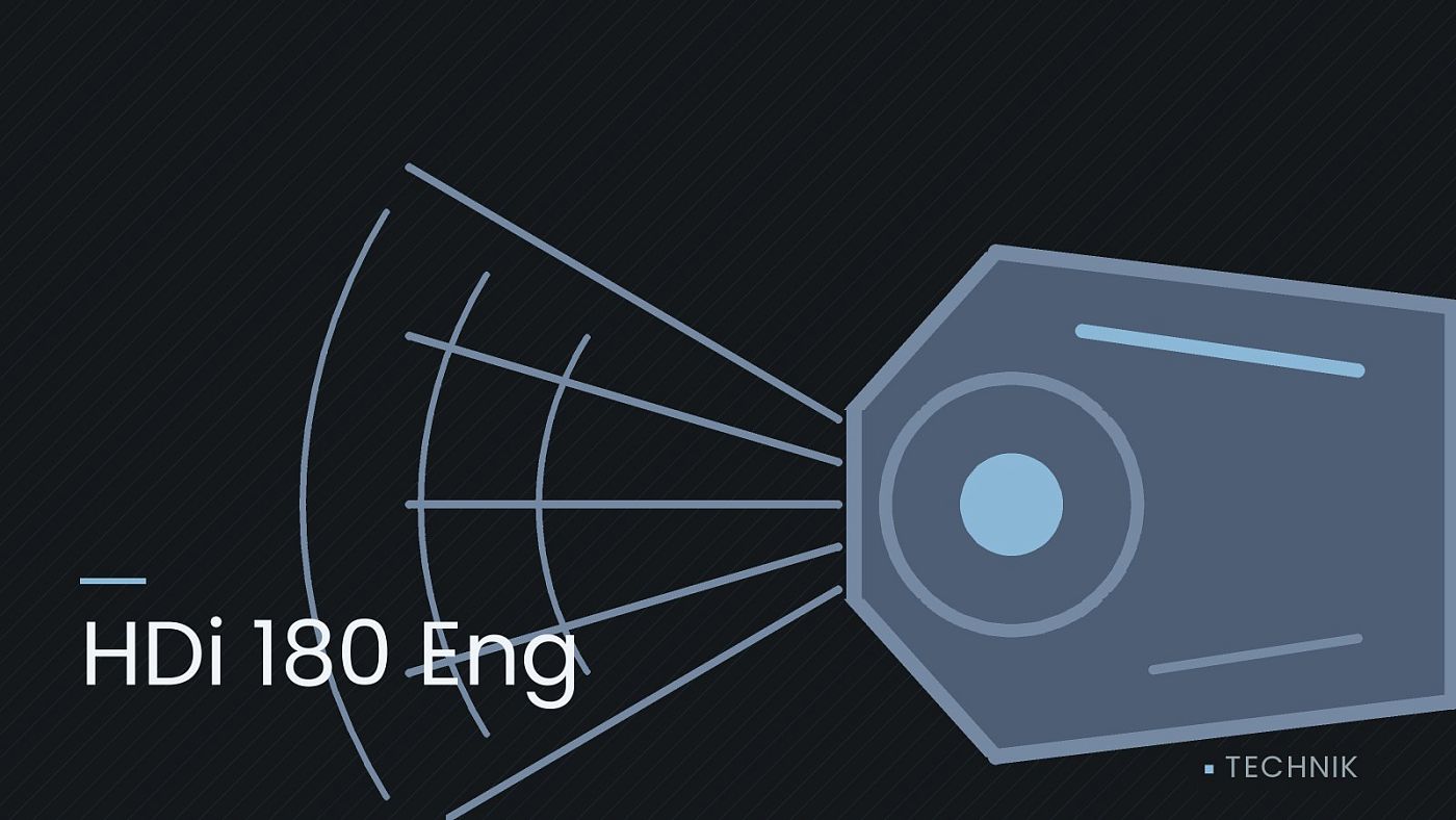 Symbolgrafik: ein gezeichneter Scheinwerfer mit Lichtkegel, beschriftet mit „HDi 180 Eng“.