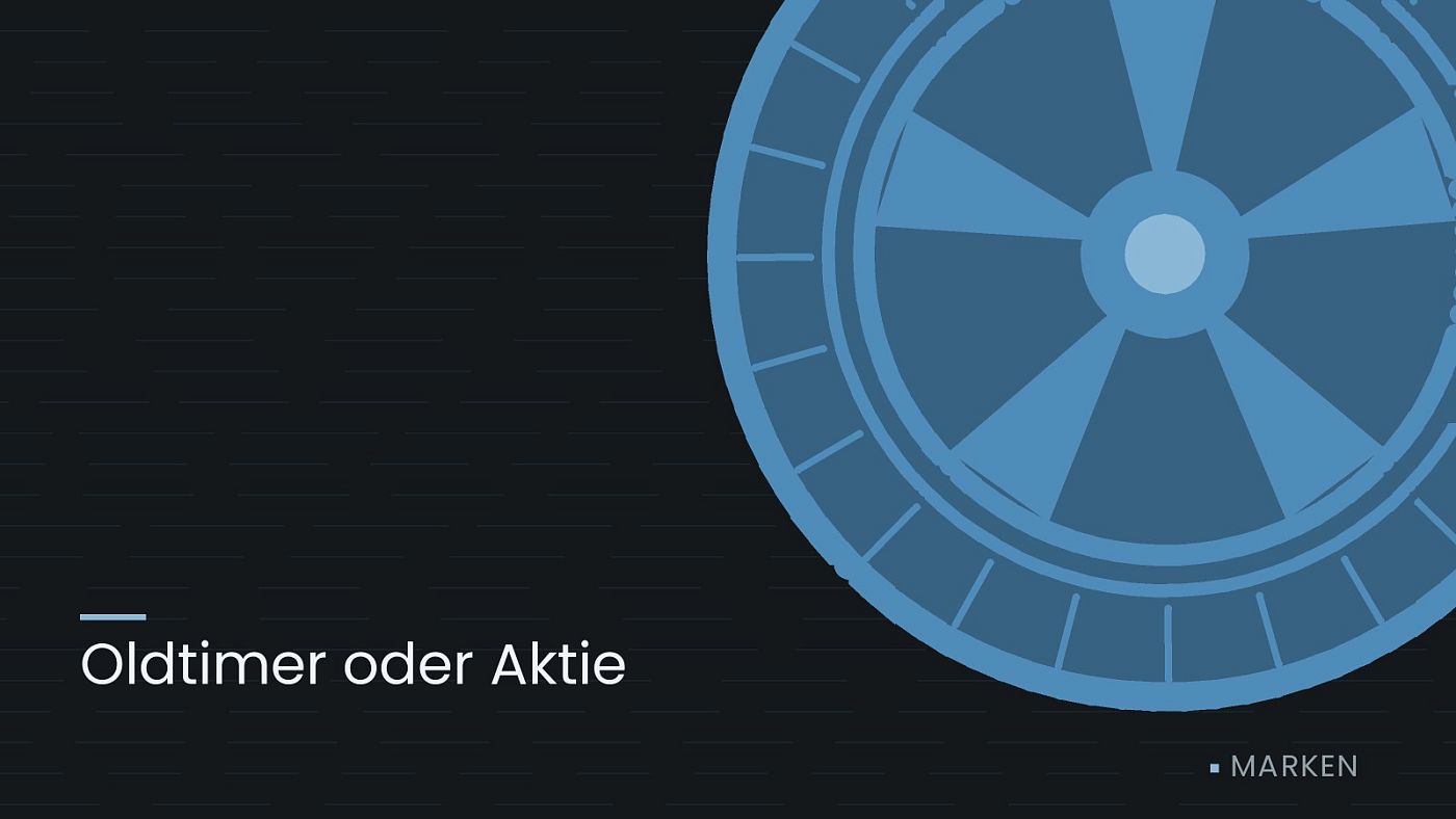 Symbolgrafik: ein gezeichnetes Rad mit Speichen, beschriftet mit „Oldtimer oder Aktie“.