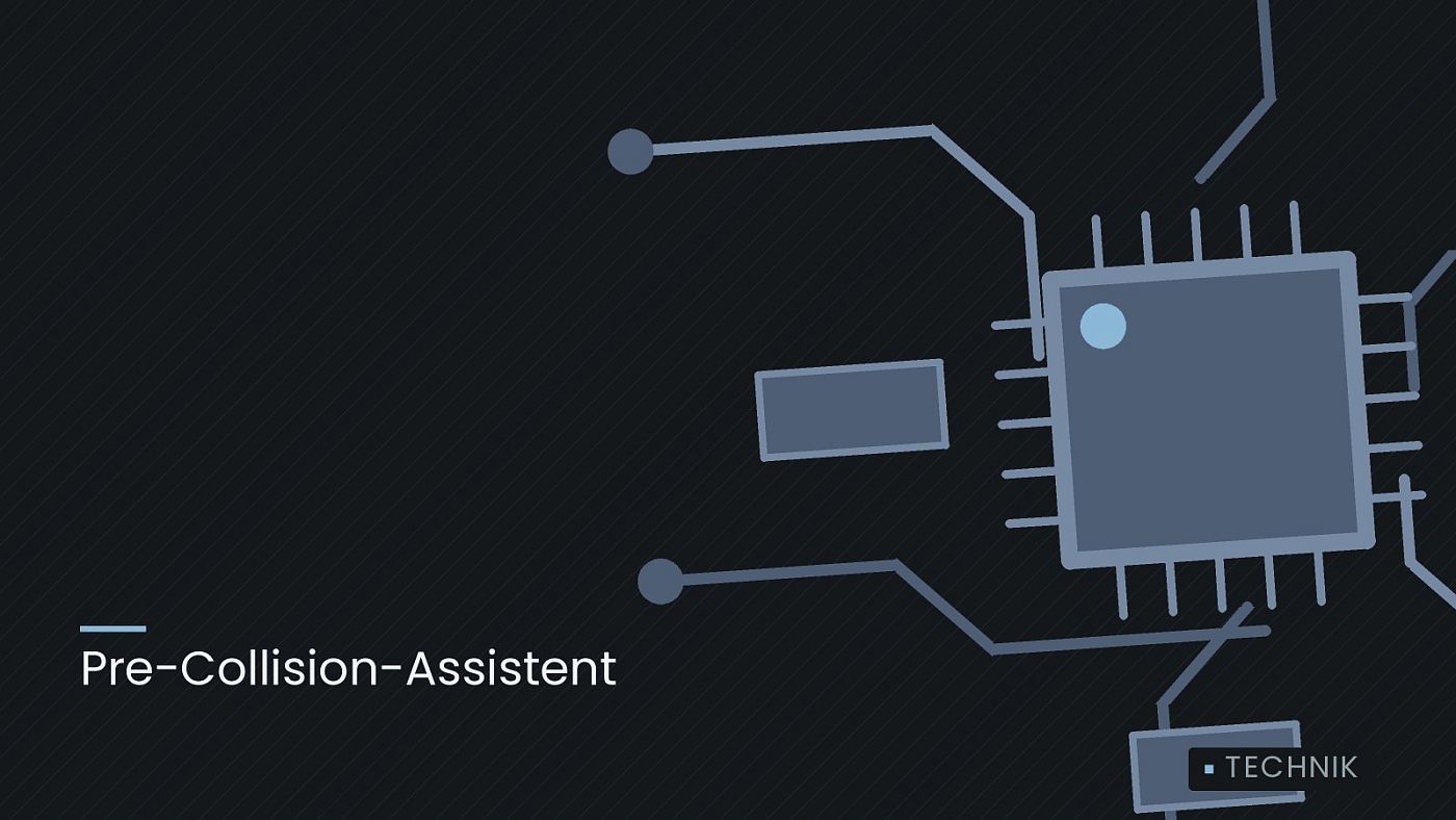 Symbolgrafik: gezeichnete Leiterbahnen mit einem Chip, beschriftet mit „Pre-Collision-Assistent“.