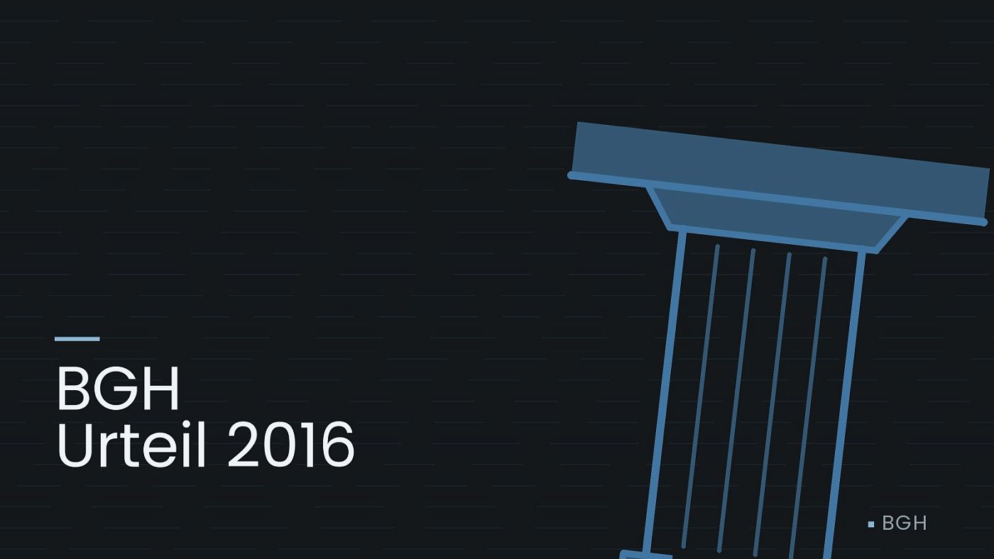 Symbolgrafik: eine stilisierte Gerichtssäule mit Giebel, beschriftet mit „BGH Urteil 2016“.