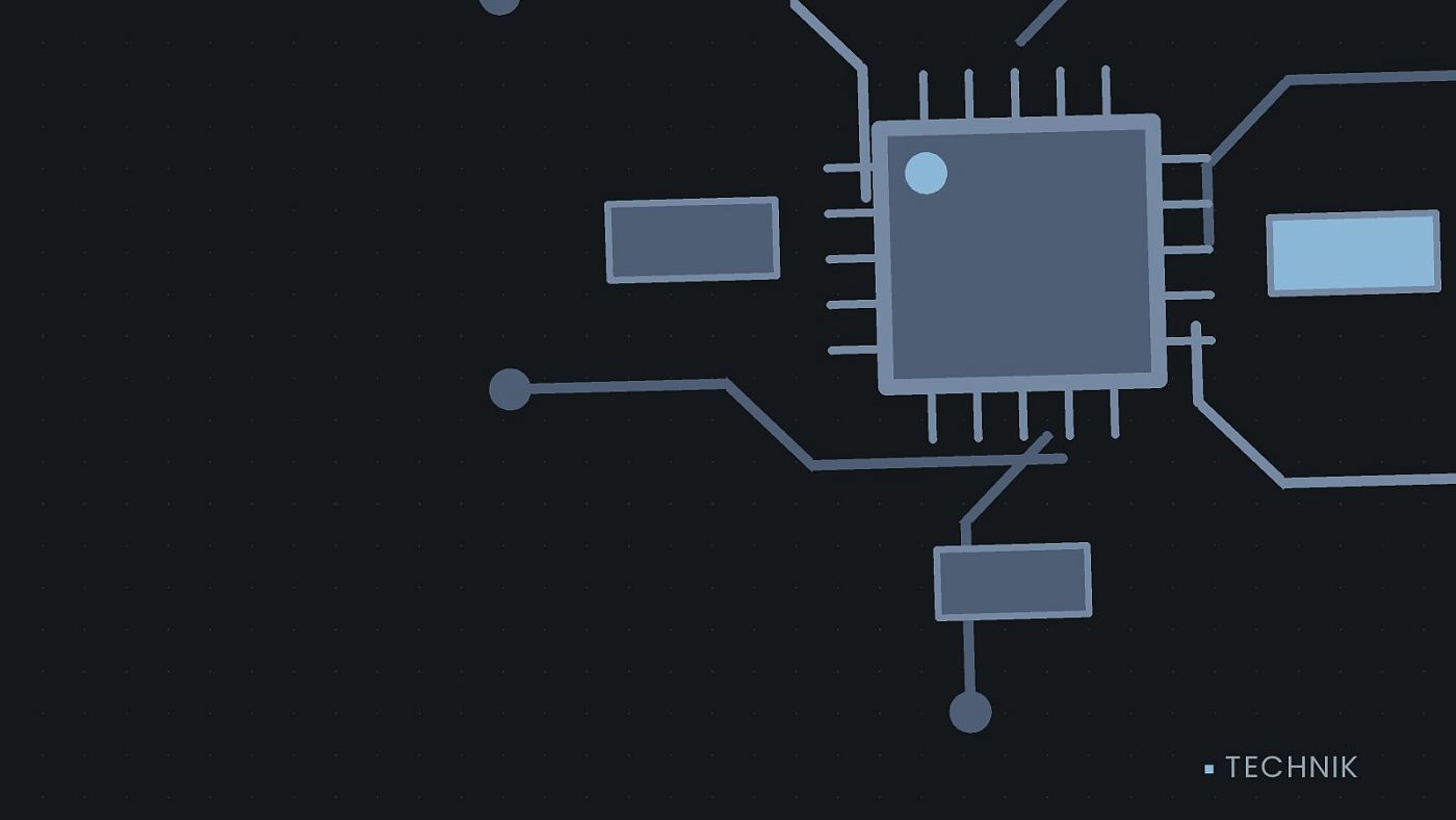 Symbolgrafik: gezeichnete Leiterbahnen mit einem Chip.
