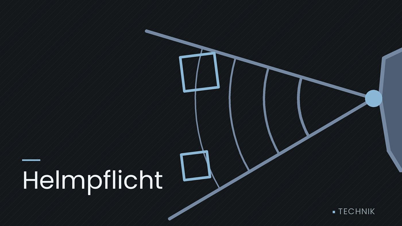 Symbolgrafik: ein gezeichneter Sensorkegel vor einer Fahrzeugfront, beschriftet mit „Helmpflicht“.