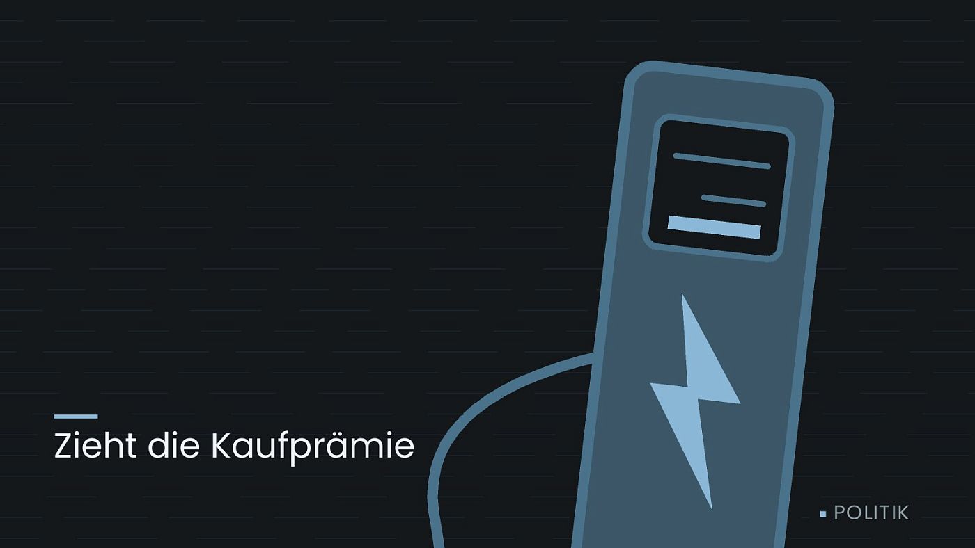 Symbolgrafik: eine gezeichnete Ladesäule mit Kabel und Stecker, beschriftet mit „Zieht die Kaufprämie“.