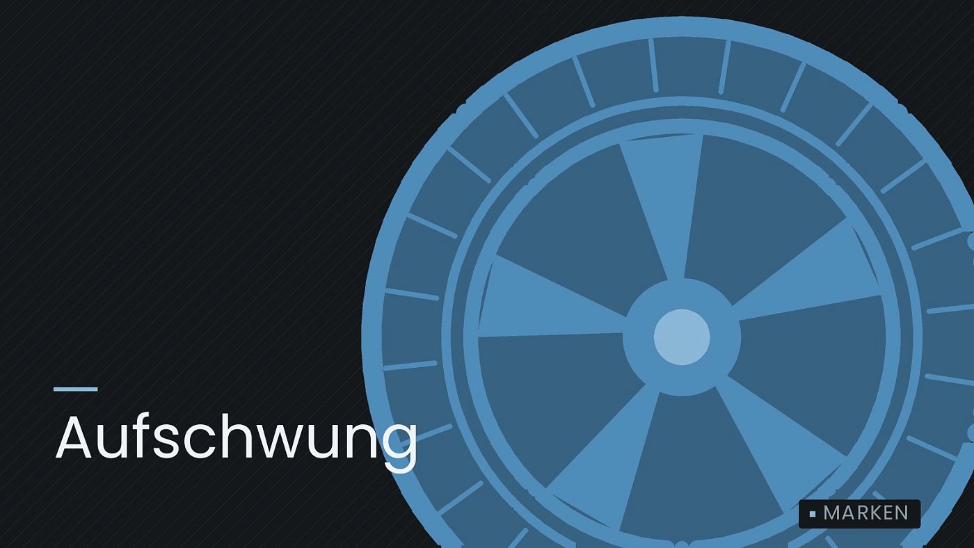 Symbolgrafik: ein gezeichnetes Rad mit Speichen, beschriftet mit „Aufschwung“.